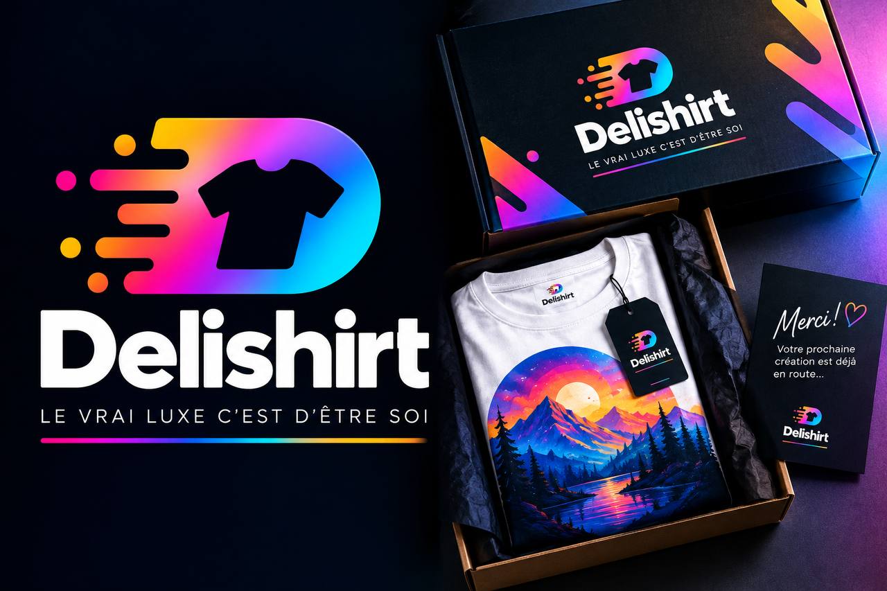 Box noire DeliShirt ouverte révélant un t-shirt blanc avec un design paysage, packshot premium